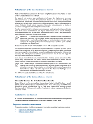 Page 75Notice to users of the Canadian telephone network
Notice to users of the German telephone network
Australia wired fax statement
Regulatory wireless statements
This section contains the following regulatory information pertaining to wireless products:
•Exposure to radio frequency radiation
•Notice to users in Brazil
Regulatory notices 73 