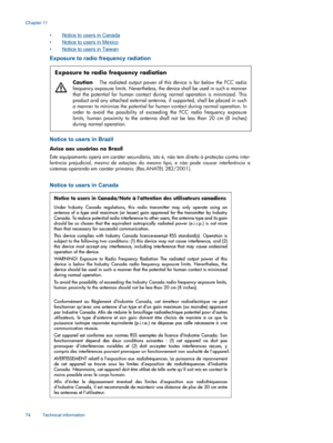 Page 76•Notice to users in Canada
•Notice to users in Mexico
•Notice to users in Taiwan
Exposure to radio frequency radiation
Notice to users in Brazil
Notice to users in Canada
Chapter 11
74 Technical information 