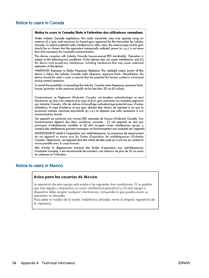 Page 98Notice to users in Canada
Notice to users in Mexico
94 Appendix A   Technical information ENWW 