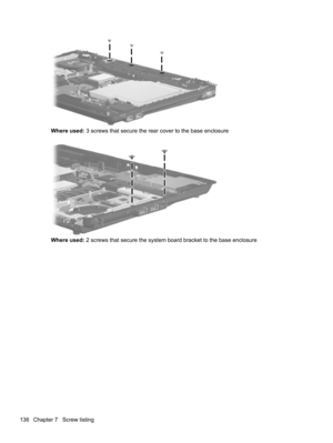 Page 146Where used: 3 screws that secure the rear cover to the base enclosure
Where used: 2 screws that secure the system board bracket to the base enclosure
136 Chapter 7   Screw listing 