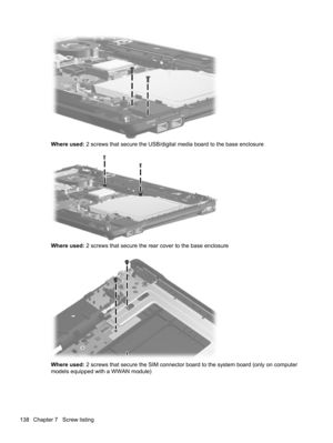 Page 148Where used: 2 screws that secure the USB/digital media board to the base enclosure
Where used: 2 screws that secure the rear cover to the base enclosure
Where used: 2 screws that secure the SIM connector board to the system board (only on computer
models equipped with a WWAN module)
138 Chapter 7   Screw listing 