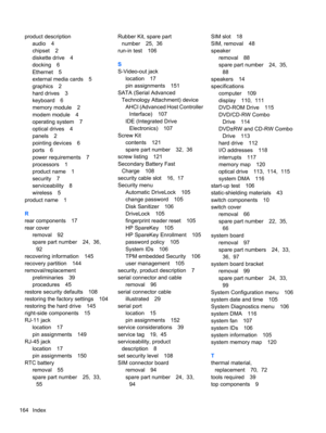 Page 174product description
audio 4
chipset 2
diskette drive 4
docking 6
Ethernet 5
external media cards 5
graphics 2
hard drives 3
keyboard 6
memory module 2
modem module 4
operating system 7
optical drives 4
panels 2
pointing devices 6
ports 6
power requirements 7
processors 1
product name 1
security 7
serviceability 8
wireless 5
product name 1
R
rear components 17
rear cover
removal 92
spare part number 24,  36,
92
recovering information 145
recovery partition 144
removal/replacement
preliminaries 39...
