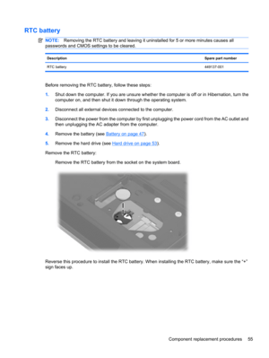 Page 65RTC battery
NOTE:Removing the RTC battery and leaving it uninstalled for 5 or more minutes causes all
passwords and CMOS settings to be cleared.
DescriptionSpare part number
RTC battery449137-001
Before removing the RTC battery, follow these steps:
1.Shut down the computer. If you are unsure whether the computer is off or in Hibernation, turn the
computer on, and then shut it down through the operating system.
2.Disconnect all external devices connected to the computer.
3.Disconnect the power from the...