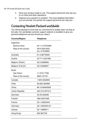 Page 110106 | HP Jornada 520 Series User ’s Guide     
 
 
3.  Have your product ready to use. The support personnel may ask you  to run tests and other operations.  
4.  Organize your question or problem. The more detailed information  you can provide, the quicker the support personnel can help you.  
\b $6\b\b 	$	$	 
You will be pleased to know that our commitment to quality does not stop at 
the sale. Our worldwide customer support network is available to give you 
personal...