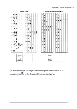 Page 131Appendix A | Character Recognition | 127 
 
 
 
 
For more information on using Character Recognizer and for demos of all 
characters, tap 
 on the Character Recognizer input panel.   