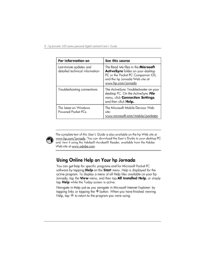 Page 128 | hp Jornada 560 series personal digital assistant User’s Guide   
For information on See this source 
Last-minute updates and 
detailed technical information The Read Me files in the Microsoft 
ActiveSync folder on your desktop 
PC or the Pocket PC Companion CD, 
and the hp Jornada Web site at 
www.hp.com/jornada
. 
Troubleshooting connections 
 The ActiveSync Troubleshooter on your 
desktop PC. On the ActiveSync File 
menu, click Connection Settings, 
and then click Help.  
The latest on Windows...
