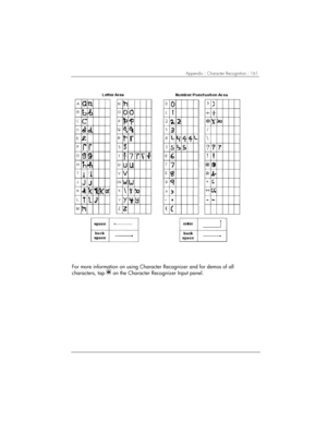 Page 165Appendix | Character Recognition | 161 
 
For more information on using Character Recognizer and for demos of all 
characters, tap 
 on the Character Recognizer Input panel.   