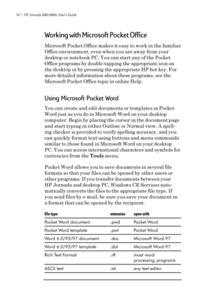 Page 8074  |  HP Jornada 680/680e User’s Guide
Working with Microsoft Pocket Office
Microsoft Pocket Office makes it easy to work in the familiar
Office environment, even when you are away from your
desktop or notebook PC. You can start any of the Pocket
Office programs by double-tapping the appropriate icon on
the desktop or by pressing the appropriate HP hot key. For
more detailed information about these programs, see the
Microsoft Pocket Office topic in online Help.
Using Microsoft Pocket Word
You can create...