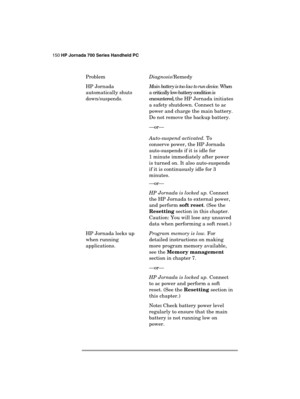 Page 154150 HP Jornada 700 Series Handheld PC 
 
 
Problem Diagnosis/Remedy  
HP Jornada 
automatically shuts 
down/suspends. Main battery is too low to run device. When 
a  critically low-battery condition is 
encountered, t h e  H P  J o r n a d a  i n i t i a t e s  
a safety shutdown. Connect to ac 
power and charge the main battery. 
Do not remove the backup battery. 
—or— 
Auto-suspend activated. To 
conserve power, the HP Jornada 
auto-suspends if it is idle for 
1 minute immediately after power 
is...