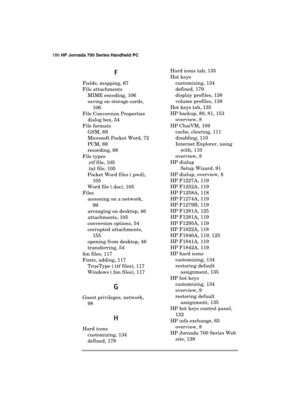 Page 190186 HP Jornada 700 Series Handheld PC 
 
F
FF F 
Fields, mapping, 67 
File attachments 
MIME encoding, 106 
saving on storage cards, 
106 
File Conversion Properties 
dialog box, 54 
File formats 
GSM, 69 
Microsoft Pocket Word, 72 
PCM, 69 
recording, 68 
File types 
.rtf file, 105 
.txt file, 105 
Pocket Word files (.pwd), 
105 
Word file (.doc), 105 
Files 
accessing on a network, 
99 
arranging on desktop, 46 
attachments, 105 
conversion options, 54 
corrupted attachments, 
155 
opening from...