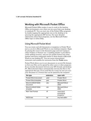 Page 7672 HP Jornada 700 Series Handheld PC 
 
Working with Microsoft Pocket Office
Working with Microsoft Pocket OfficeWorking with Microsoft Pocket Office Working with Microsoft Pocket Office 
    
Microsoft Pocket Office makes it easy to work in the familiar 
Office environment, even when you are away from your desktop 
or notebook PC. You can start any of the Pocket Office programs 
by double-tapping the appropriate icon on the desktop or by 
pressing the appropriate HP hot key. For more detailed...