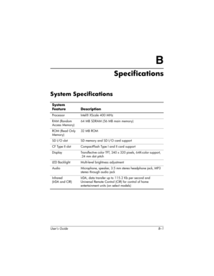 Page 119User’s Guide B–1
B
Specifications
System Specifications
System 
Feature Description
Processor Intel® XScale 400 MHz
RAM (Random 
Access Memory)64 MB SDRAM (56 MB main memory)
ROM (Read Only 
Memory)32  M B  ROM
SD I/O slot SD memory and SD I/O card support
CF Type II slot CompactFlash Type I and II card support
Display Transflective color TFT, 240 x 320 pixels, 64K-color support, 
.24 mm dot pitch
LED Backlight Multi-level brightness adjustment
Audio Microphone, speaker, 3.5 mm stereo headphone jack, MP3...