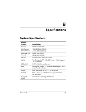 Page 167User’s Guide B–1
B
Specifications
System Specifications
System 
Feature Description
Processor Intel XScale 400 MHz
RAM (Random 
Access Memory)128 MB SDRAM (h5500)
64 MB SDRAM (h5100)
ROM (Read Only 
Memory)48 MB ROM (h5500)
32 MB ROM (h5100)
SDIO slot SD memory and SDIO card support
Display Transflective color TFT, 240 x 320 pixels, 64K-color support, 
.24 mm dot pitch
LED Backlight Multi-level brightness adjustment
Audio Microphone, speaker, 3.5 mm stereo headphone jack, MP3 
stereo through audio jack...
