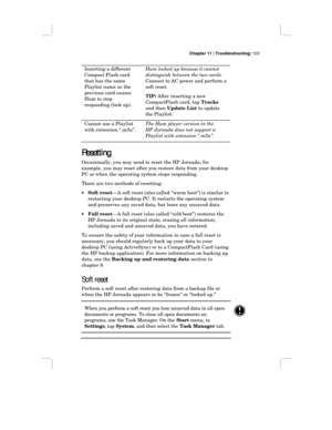 Page 109Chapter 11 | Troubleshooting| 103
Inserting a different
Compact Flash card
that has the same
Playlist name as the
previous card causes
Hum to stop
responding (lock up).Hum locked up because it cannot
distinguish between the two cards.
Connect to AC power and perform a
soft reset.
TIP: After inserting a new
CompactFlash card, tap Tracks
and then Update List to update
the Playlist.
Cannot use a Playlist
with extension “.m3u”.The Hum player version in the
HP Jornada does not support a
Playlist with...