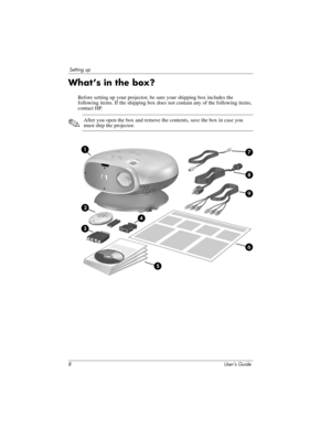 Page 88 User’s Guide
Setting up
What’s in the box?
Before setting up your projector, be sure your shipping box includes the 
following items. If the shipping box does not contain any of the following items, 
contact HP.
✎
After you open the box and remove the contents, save the box in case you 
must ship the projector. 