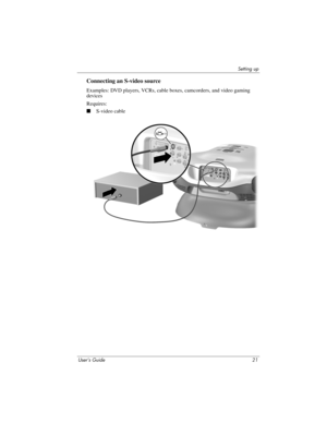 Page 21Setting up
User’s Guide 21
Connecting an S-video source
Examples: DVD players, VCRs, cable boxes, camcorders, and video gaming 
devices
Requires:
■S-video cable 