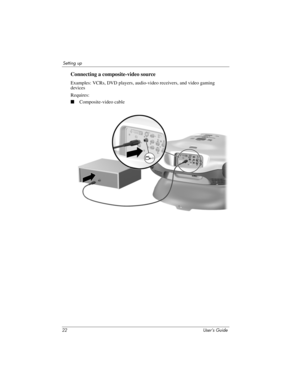 Page 2222 User’s Guide
Setting up
Connecting a composite-video source
Examples: VCRs, DVD players, audio-video receivers, and video gaming 
devices
Requires:
■Composite-video cable 