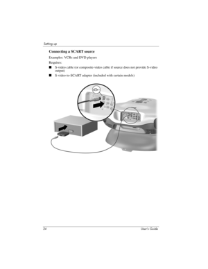 Page 2424 User’s Guide
Setting up
Connecting a SCART source
Examples: VCRs and DVD players
Requires: 
■S-video cable (or composite-video cable if source does not provide S-video 
output)
■S-video-to-SCART adapter (included with certain models) 