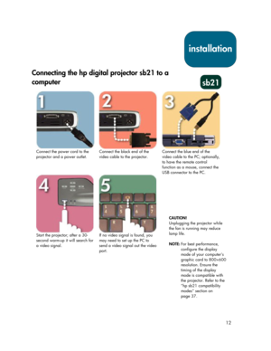 Page 1212
Connecting the hp digital projector sb21 to a
computer
 
Connect the power cord to the
projector and a power outlet.Connect the black end of the
video cable to the projector.Connect the blue end of the
video cable to the PC; optionally,
to have the remote control
function as a mouse, connect the
USB connector to the PC.
 
Start the projector; after a 30-
second warm-up it will search for
a video signal.If no video signal is found, you
may need to set up the PC to
send a video signal out the video...