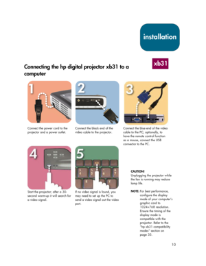 Page 1010
Connecting the hp digital projector xb31 to a
computer
  
Connect the power cord to the
projector and a power outlet.Connect the black end of the
video cable to the projector.Connect the blue end of the video
cable to the PC; optionally, to
have the remote control function
as a mouse, connect the USB
connector to the PC.
 
Start the projector; after a 30-
second warm-up it will search for
a video signal.If no video signal is found, you
may need to set up the PC to
send a video signal out the video...