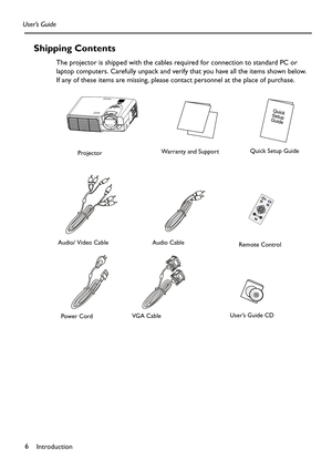 Page 6Introduction 6 User’s Guide
Shipping Contents 
The projector is shipped with the cables required for connection to standard PC or 
laptop computers. Carefully unpack and verify that you have all the items shown below. 
If any of these items are missing, please contact personnel at the place of purchase.
ProjectorWa rr a n t y  a n d  S u p p o r tQuick Setup Guide
Remote Control Audio Cable Audio/ Video Cable
User’s Guide CD
VGA Cable
Power Cord 