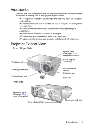 Page 92. Introduction 9
Accessories
Get more from your presentations with HP projector accessories. You can purchase 
accessories at www.hp.com or through your projector dealer.
• HP ceiling mount kit enables you to simply and discreetly install your projector 
on the ceiling.
• HP mobile screens with built-in handles are easy to carry and set up anywhere 
you need them.
• HP premium remote control allows you to control every aspect of your 
presentation.
• HP power cables allow you to connect in any region.
•...