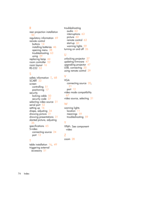 Page 74Index 74
R
rear projection installation  
50
regulatory information  69
remote control
buttons  14
installing batteries  46
opening menu  38
troubleshooting  63
using  29
replacing lamp  44
room controller  52
room layout  16
RS-232  52
S
safety information  7,  68
SCART  22
screen
controlling  51
positioning  17
security
locking cable  50
security code  37
selecting video source  31
serial port  52
setting up  16
shape, adjusting  34
showing picture  31
showing presentations  31
slanted picture,...