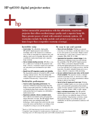 Page 1
HP vp6300 digital projector series 
 
 
 
 
 
 
 
 
hp 
 
 
 
 
 
 
 
Deliver memorable presentations with this affordable, easy-to-use 
projector that offers excellent image quality and a superior lamp life. 
Enjoy greater peace of mind with extended warranty options. All 
warranties include the lamp module and protect your lamp up to six 
times longer than competitive warranty coverage.  
Incredible value 
• Invest wisely. The affordable, high-quality 
HP vp6300 digital projector series delivers...