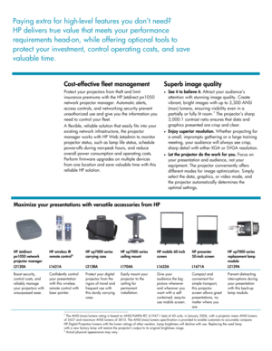 Page 3
Paying extra for high-level features you don’t need? 
HP delivers true value that meets your performance 
requirements head-on, while offering optional tools to 
protect your investment, control operating costs, and save 
valuable time.  
 
 
 
Cost-effective fleet management 
Protect your projectors from theft and limit 
insurance premiums with the HP Jetdirect pn1050 
network projector manager. Automatic alerts, 
access controls, and networking security prevent 
unauthorized use and give you the...