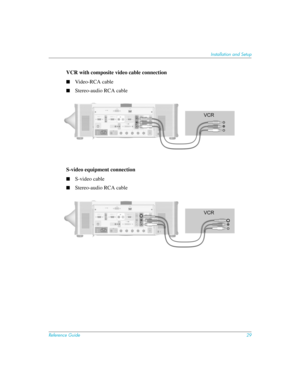 Page 29Reference Guide29
Installation and Setup
VCR with composite video cable connection
■Video-RCA cable
■Stereo-audio RCA cable
S-video equipment connection
■S-video cable
■Stereo-audio RCA cable 