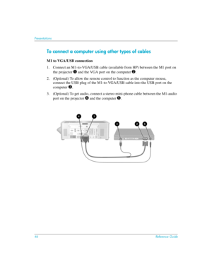 Page 4646Reference Guide
Presentations
To connect a computer using other types of cables
M1 to VGA/USB connection
1. Connect an M1-to-VGA/USB cable (available from HP) between the M1 port on 
the projector 
1 and the VGA port on the computer 2.
2. (Optional) To allow the remote control to function as the computer mouse, 
connect the USB plug of the M1-to-VGA/USB cable into the USB port on the 
computer
 3. 
3. (Optional) To get audio, connect a stereo mini-phone cable between the M1-audio 
port on the projector...