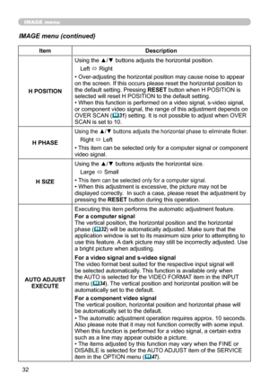 Page 3232
IMAGE menu
IMAGE menu (continued)
ItemDescription
H POSITION Using the ▲/▼ buttons adjusts the horizontal position.
Left  ó Right
• Over-adjusting the horizontal position may cause noise to appear 
on the screen. If this occurs please reset the horizontal position to 
the default setting. Pressing  RESET button when H POSITION is 
selected will reset H POSITION to the default setting.
• When this function is performed on a video signal, s-video signal, 
or component video signal, the range of this...