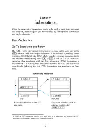 Page 101 
101 
Section 9 
Subroutines 
When  the same set  of  instructions  needs  to  be  used  at  more  than  one  point 
in a  program,  memory  space  can be  conserved by storing those  instructions 
as a single subroutine. 
The Mechanics 
Go To Subroutine and Return 
The G (go to subroutine) instruction is executed in the same way as the 
t branch,  with  one  major  difference:  it  establishes  a pending  return 
condition. G label, like t label,* transfers program execution to the 
line with the...