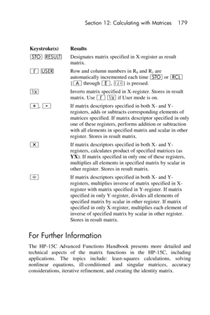 Page 179 Section 12: Calculating with Matrices 179 
 
 
Keystroke(s) Results 
O < Designates matrix specified in X-register as result 
matrix. 
´ U Row and column numbers in R0 and R1 are 
automatically incremented each time O or l 
{A through E, %} is pressed. 
∕ Inverts matrix specified in X-register. Stores in result 
matrix. Use ´ ∕ if User mode is on. 
+, - If matrix descriptors specified in both X- and Y-
registers, adds or subtracts corresponding elements of 
matrices specified. If matrix descriptor...