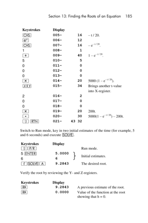 Page 185 Section 13: Finding the Roots of an Equation 185 
 
Keystrokes Display  
“ 005–       16 – t / 20. 
 006–       12  
“ 007–       16 – e– t / 20. 
1 008–        1  
+ 009–       40 1 – e– t / 20. 
5 010–        5  
0 011–        0  
0 012–        0  
0 013–        0  
* 014–       20 5000 (1 – e– t / 20). 
® 015–       34 Brings another t-value 
  into X-register. 
2 016–        2  
0 017–        0  
0 018–        0  
* 019–       20 200t. 
- 020–       30 5000(1 – e– t / 20) – 200t. 
| n 021–    43 32...