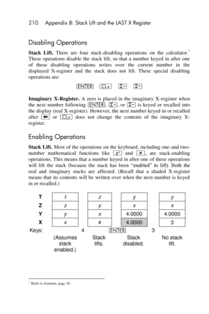 Page 210210 Appendix B: Stack Lift and the LAST X Register 
 
Disabling Operations 
Stack  Lift. There  are  four  stack-disabling  operations  on  the  calculator.* 
These  operations  disable  the  stack  lift,  so  that  a  number  keyed  in  after  one 
of  these  disabling  operations  writes  over  the  current  number  in  the 
displayed  X-register  and  the  stack  does  not  lift.  These  special  disabling 
operations are: 
v    `    z    w 
Imaginary  X-Register. A  zero  is  placed  in  the...