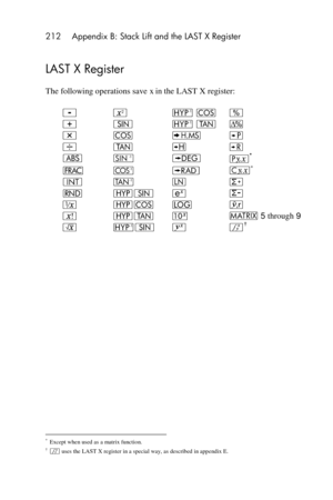 Page 212212 Appendix B: Stack Lift and the LAST X Register 
 
LAST X Register 
The following operations save x in the LAST X register: 
 
- x H \ k 
+ [ H ] ∆ 
* \ h : 
÷ ] À ; 
a , d p* 
q { r c* 
‘ / N z 
& P[  w 
∕ P\ o j 
! P] @ > 5 through 9 
¤ H[ Y f† 
 
                                                           * Except when used as a matrix function. † f uses the LAST X register in a special way, as described in appendix E.  