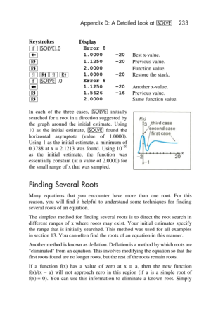 Page 233 Appendix D: A Detailed Look at _ 233 
 
Keystrokes Display  
´ _.0 Error 8  
− 1.0000    –20 Best x-value. 
)  1.1250    –20 Previous value. 
) 2.0000 Function value. 
| (| (   1.0000    –20 Restore the stack. 
´ _ .0 Error 8  
− 1.1250    –20 Another x-value. 
)  1.5626    –16 Previous value. 
)  2.0000 Same function value. 
In  each  of  the  three  cases, _ initially 
searched for a root in a direction suggested by 
the  graph  around  the  initial  estimate.  Using 
10  as  the  initial  estimate, _...