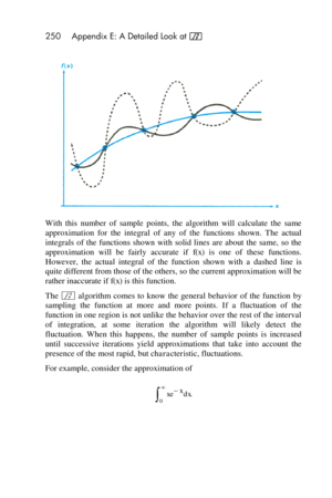 Page 250250 Appendix E: A Detailed Look at f 
 
With  this  number  of  sample  points,  the  algorithm  will  calculate  the  same 
approximation  for  the  integral  of  any  of  the  functions  shown.  The  actual 
integrals  of  the  functions  shown  with  solid  lines  are  about  the  same,  so  the 
approximation  will  be  fairly  accurate  if f(x) is  one  of  these  functions. 
However,  the  actual  integral  of  the  function  shown  with  a dashed  line  is 
quite different from those of the...