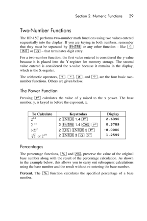 Page 29 Section 2: Numeric Functions 29 
 
Two-Number Functions 
The HP-15C performs two-number math functions using two values entered 
sequentially  into  the  display.  If  you  are keying  in both  numbers,  remember 
that  they  must  be  separated  by v or  any  other  function – like | 
‘ or ∕ – that terminates digit entry. 
For a two-number function, the first value entered is considered the y-value 
because  it  is  placed  into  the  Y-register  for  memory  storage.  The  second 
value  entered  is...