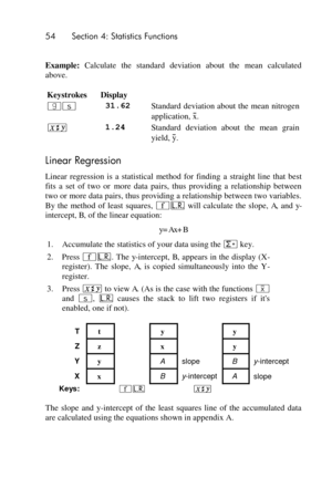 Page 5454 Section 4: Statistics Functions 
 
Example: Calculate  the  standard  deviation  about  the  mean  calculated 
above. 
Keystrokes Display  
|S 31.62 Standard deviation about the  mean  nitrogen 
application,  x. 
® 1.24 Standard  deviation  about  the  mean  grain 
yield,  y. 
Linear Regression 
Linear  regression  is  a  statistical  method  for  finding a straight  line  that  best 
fits  a  set  of  two or more  data  pairs,  thus  providing  a  relationship  between 
two or more data pairs, thus...