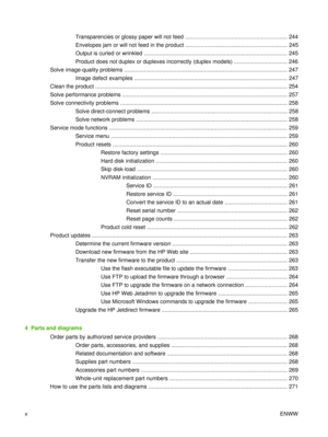 Page 12Transparencies or glossy paper will not feed .................................................................. 244
Envelopes jam or will not feed in the product .................................................................. 245
Output is curled or wrinkled ............................................................................................. 245
Product does not duplex or duplexes incorrectly (duplex models) .................................. 246
Solve image-quality problems...