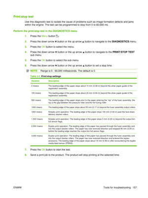 Page 171Print/stop test
Use this diagnostic test to isolate the cause of problems such as image formation defects and jams
within the engine. The test can be programmed to stop from 0 to 60,000 ms.
Perform the print/stop test in the DIAGNOSTICS menu 1.Press the  Menu button 
.
2. Press the down arrow 
 button or the up arrow  button to navigate to the  DIAGNOSTICS menu.
3. Press the  OK button to select the menu.
4. Press the down arrow 
 button or the up arrow  button to navigate to the  PRINT/STOP TEST
sub...