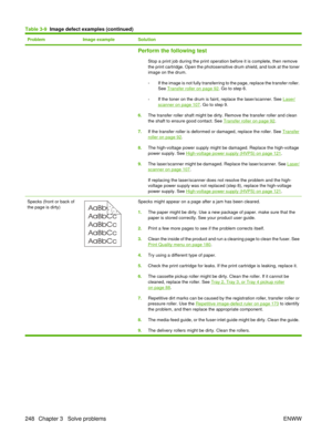 Page 262ProblemImage exampleSolution
Perform the following test
Stop a print job during the print operation before it is complete, then remove
the print cartridge. Open the photosensitive drum shield, and look at the toner
image on the drum.
◦If the image is not fully transferring to the page, replace the transfer roller.
See 
Transfer roller on page 92. Go to step 6.
◦ If the toner on the drum is faint, replace the laser/scanner. See 
Laser/
scanner on page 107. Go to step 9.
6. The transfer roller shaft might...