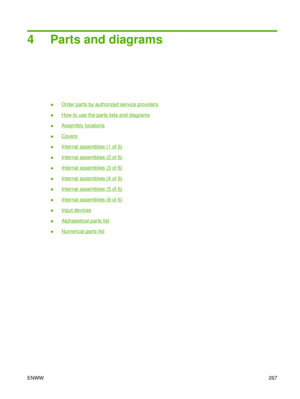 Page 2814 Parts and diagrams
●Order parts by authorized service providers
●
How to use the parts lists and diagrams
●
Assembly locations
●
Covers
●
Internal assemblies (1 of 6)
●
Internal assemblies (2 of 6)
●
Internal assemblies (3 of 6)
●
Internal assemblies (4 of 6)
●
Internal assemblies (5 of 6)
●
Internal assemblies (6 of 6)
●
Input devices
●
Alphabetical parts list
●
Numerical parts list
ENWW 267 
