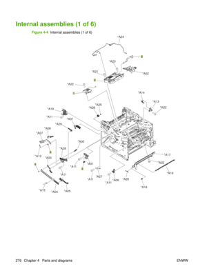 Page 290Internal assemblies (1 of 6)
Figure 4-4  Internal assemblies (1 of 6)
3
1
2
*A02
5
*A14 *A13
*A17*A16
*A18
*A20
*A06
*A11
*A11
*A11
*A11
*A11*A27
*A01
*A05
*A04
4
*A03
*A07
*A08
*A28 *A30
*A29
*A31
*A19
*A25
*A26 *A24
*A21
*A22
*A22
*A22
*A23
*A15
*A12
4
276 Chapter 4   Parts and diagrams
ENWW 