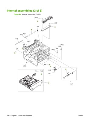 Page 294Internal assemblies (3 of 6)
Figure 4-6  Internal assemblies (3 of 6)
1
3
5
5
6
4
8
5 2
7
*A02
*A02
*A04
*A12
*A13
*A14
*A05
*A03 *A10*A11
*A02 *A06
*A07 *A09
*A08
*A01
280 Chapter 4   Parts and diagrams ENWW 