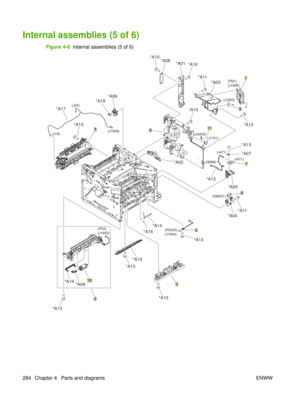 Page 298Internal assemblies (5 of 6)
Figure 4-8  Internal assemblies (5 of 6)
(PS3)
(J1603) (PS205)
(J1604)(FM1)
(J1606)
(J18) (J1608)
(J1701)
(J471)
(SW501) (J1803)
(J471)
(J9998)
(J4205)
(J22)
5
2
10
34 7
1
8
9
6 11
*A17
*A13 *A19
*A09
*A13
*A13
*A13
*A15 *A16
*A14 *A04*A05 *A07
*A13 *A13
*A03
*A10
*A01
*A08
*A06
*A18
*A02
*A13
*A10
*A10
*A11
*A11
*A12
284 Chapter 4   Parts and diagrams
ENWW 