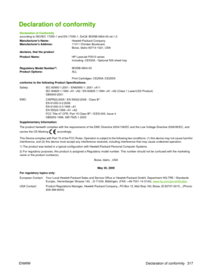 Page 331Declaration of conformity
Declaration of Conformity
according to ISO/IEC 17050-1 and EN 17050-1, DoC#: BOISB-0804-00-rel.1.0
Manufacturers Name:Hewlett-Packard Company
Manufacturers Address: 11311 Chinden Boulevard,
Boise, Idaho 83714-1021, USA
declares, that the product
Product Name: HP LaserJet P3010 series
Including: CE530A - Optional 500-sheet tray
   
Regulatory Model Number
2): BOISB-0804-00
Product Options: ALL
Print Cartridges: CE255A /CE255X
conforms to the following Product Specifications:...