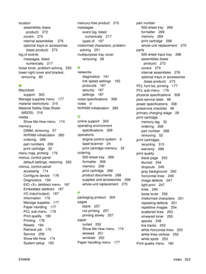 Page 337locationassemblies (base
product) 272
covers 274
internal assemblies  276
optional trays or accessories (base product) 273
log of events messages, listednumerically 217
loose toner, problem-solving 250
lower-right cover and bracket, removing 80
M
Macintosh support 303
Manage supplies menu 177
material restrictions 315
Material Safety Data Sheet (MSDS) 316
media Show Me How menu 174
memory
DIMM, removing 57
NVRAM initialization 260
ordering 269
part numbers 269
print cartridge 32
menu map, printing 176...